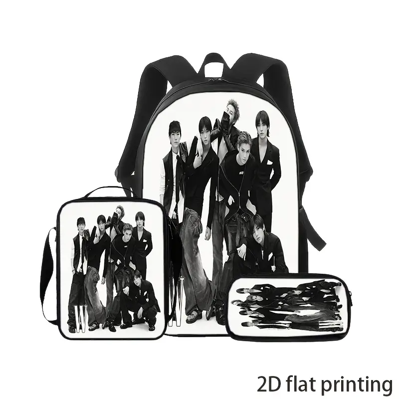 Fashionable Black and White Themed Celebrity Group Print 3pcs Set, Including a Backpack, a Portable Handbag, and a Pencil Case. Featuring Classic Character Designs Printed with Flat Printing Technology, the Set Has a Simple and Elegant Style
