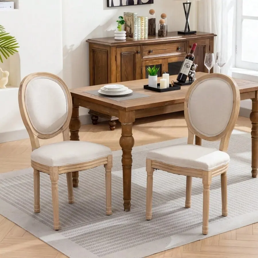 2-Piece Armless French Look Dining Chairs, Antique Painted Solid Wooden Frame, Cushioned Seat, Linen-Backed Indoor Furniture