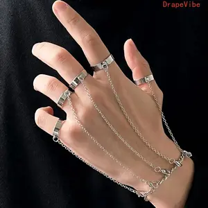 Hip Hop Punk Metal Cuff Bracelet With Attached Finger Chain, Stylish Personalized Jewelry For Concerts And Daily Use