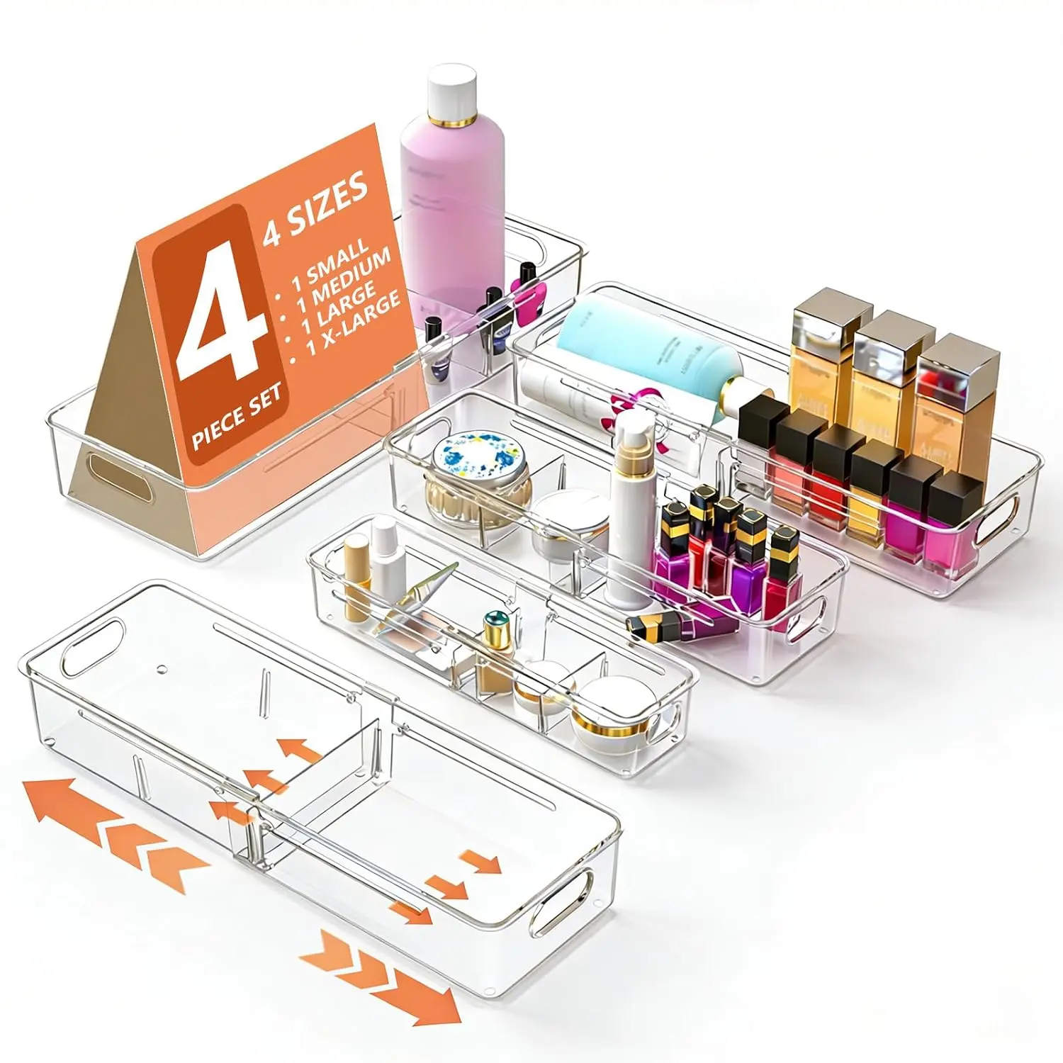 4 count Expandable Clear Drawer Organizers, Adjustable Drawer Organizer Bins with Dividers, makeup organizer for drawer, drawer organizer bathroom for , Junk Drawer & Office