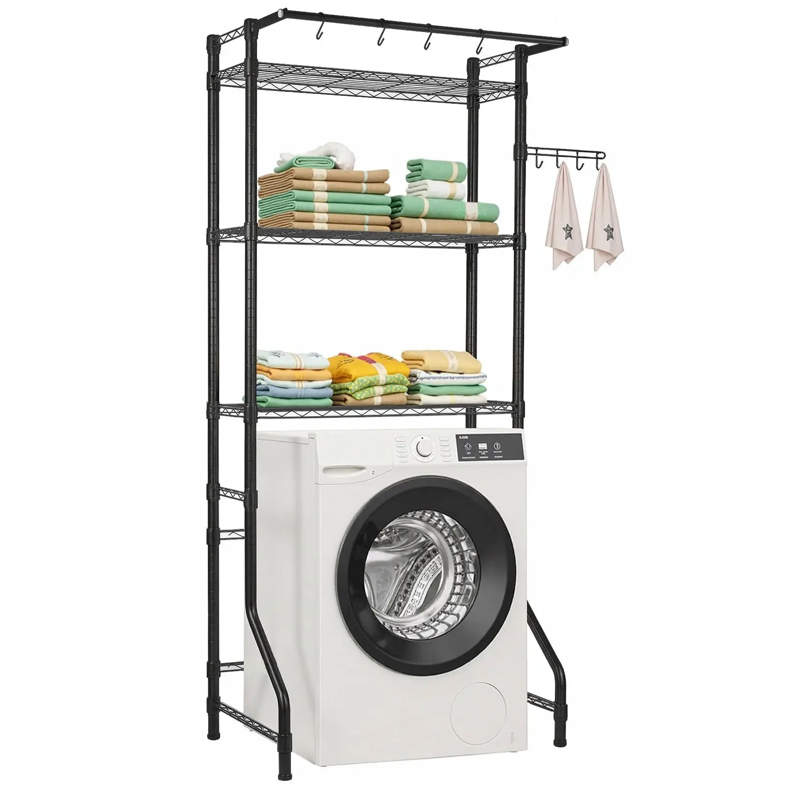 【DealsForYouDays】VEVOR Over Washer and Dryer Storage Shelf, 3 Tiers Laundry Room Drying Rack with Hanger Rod and Hooks, Single Row Adjustable Washer Shelves Space Saver, for Laundry Room Storage Organization, Black