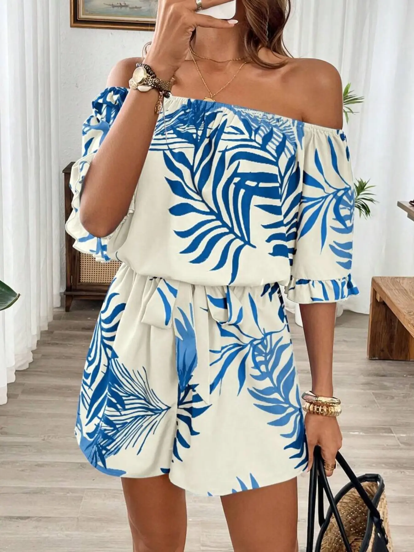 Hawaiian Boho Style Print Dress with Pleated Sleeves, Waist Cinched Shoulder Tightening Design, Summer Fashion Women's Clothing, Bohemian Casual Wear, Casual Wear, Beach Casual Wear