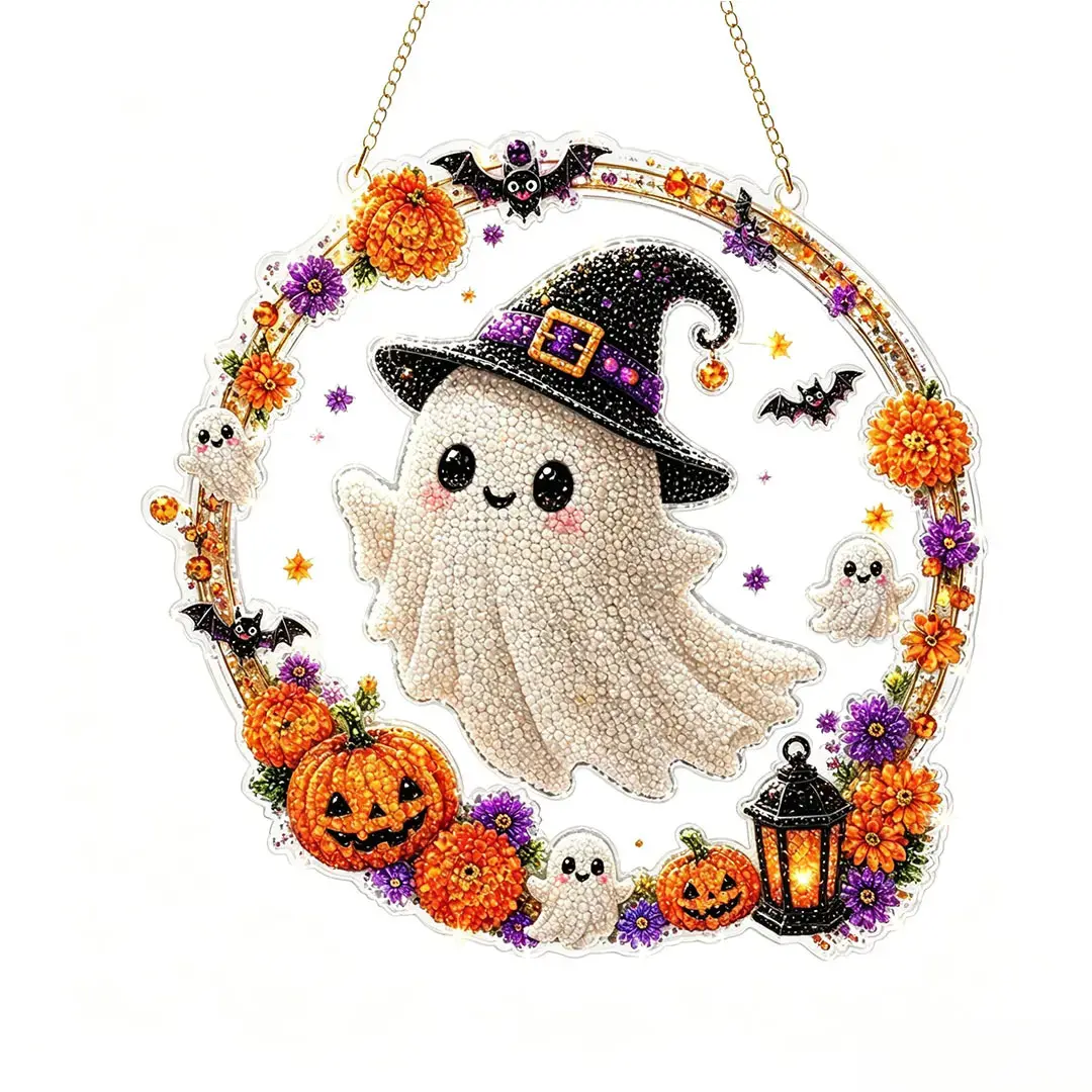 9.84in Halloween Diamond Painting Hanging Ornament Kit - Black Cat Moon, Skull&Pumpkin Acrylic Diamond Art Suncatcher with Rhinestone, DIY Craft for Adults, Spooky Wall/Window Decor Gift (Kraft, Christmas Wrapping, P, Luxurious, Folding, Artificial Tree)