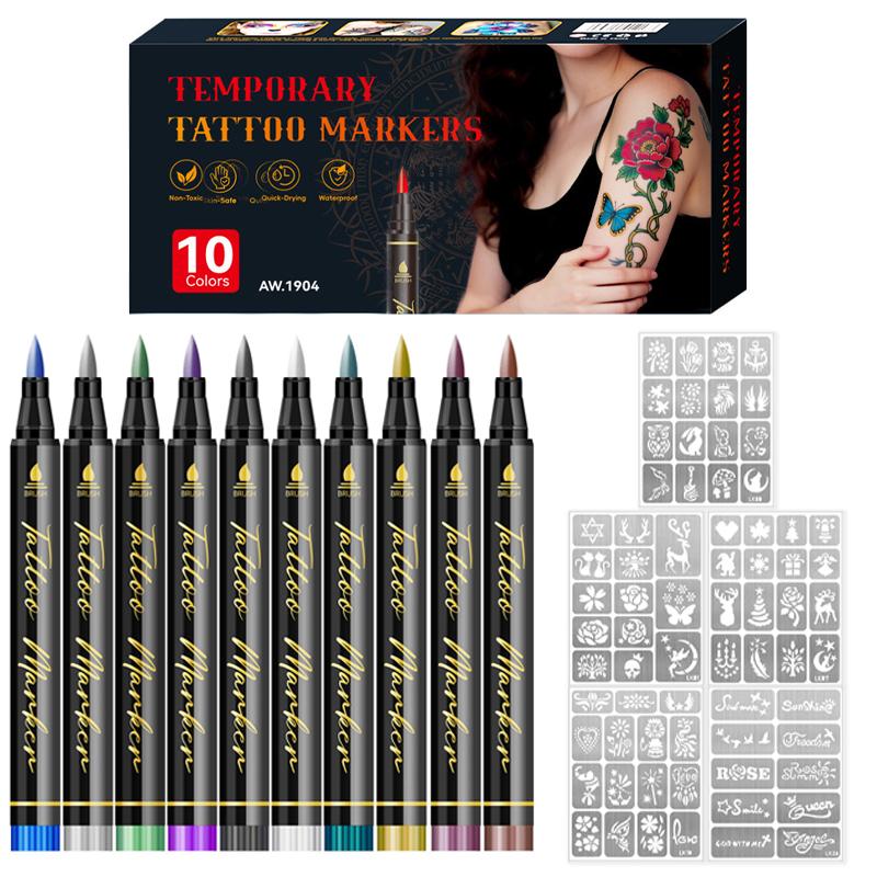 10PCS Temporary Tattoo Markers  for Skin Body Markers 10 Colors Tattoo Pens 5 Stencils Waterproof Sweatproof Long-lasting Face Paint Kit Cosmetic Quality Easy To Remove Perfect for Parties Festive Gifts Halloween Makeup Christmas Gifts