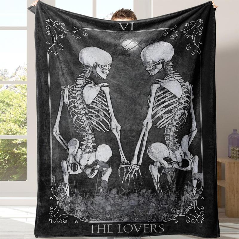 Gothic Skull Print Flannel Blanket, Casual Soft Throw Blanket with Storage Bag, Cozy Throw Blanket, Warm Napping Blanket for Home Office School Travel