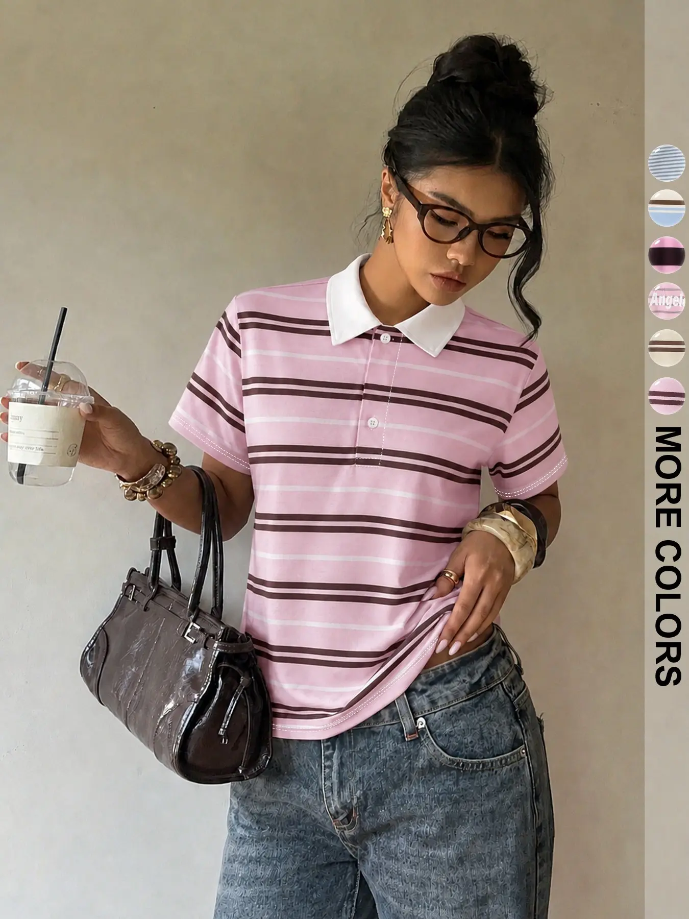 Women's Polo T-Shirt, Multi-Color Striped, Casual Loose-Fit, Short Sleeve, All Seasons, Graphic Pattern, Comfortable & Stylish