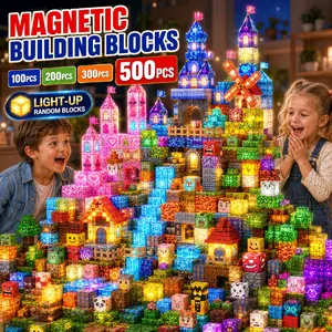 Light Up Magnetic Blocks for Kids 100/200/300/500PCS, Random LED Magnetic Building Cubes, STEM Montessori Sensory Learning Toys, Creative Construction Block Set, Birthday Holiday Gifts for Toddlers Boys Girls Ages 3+
