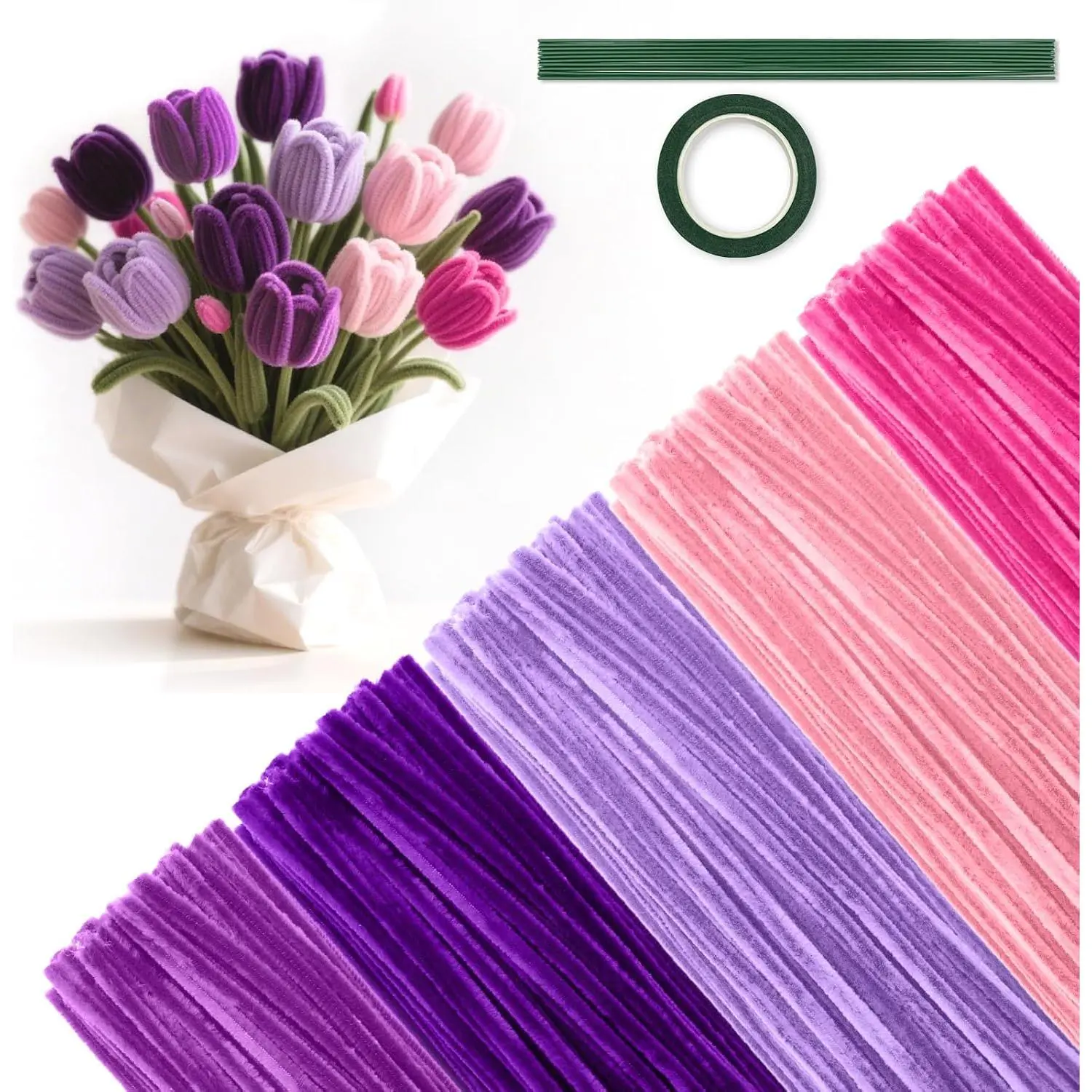 500 count Pipe Cleaners for Crafting - 5 Color Chenille Stems Fuzzy Sticks,  DIY Arts & Crafts Supplies, with Bonus Flower Stems & Gardening Tape