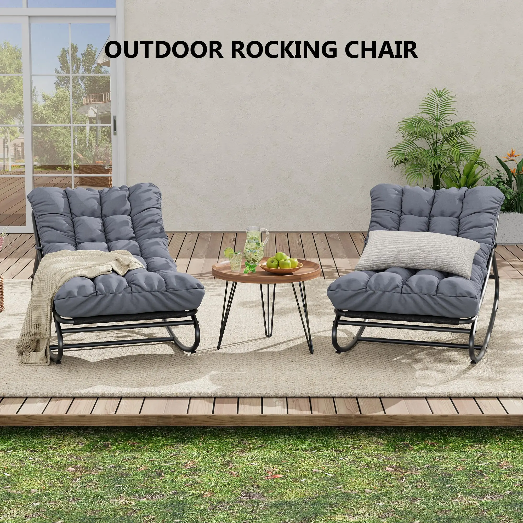 Oversized Rocking Papasan Chairs for Patio – Set of 2 – Removable Cushions – Sturdy Metal Frame – Indoor Outdoor Lounge Seating for Garden, Porch, Nursery, Living Room