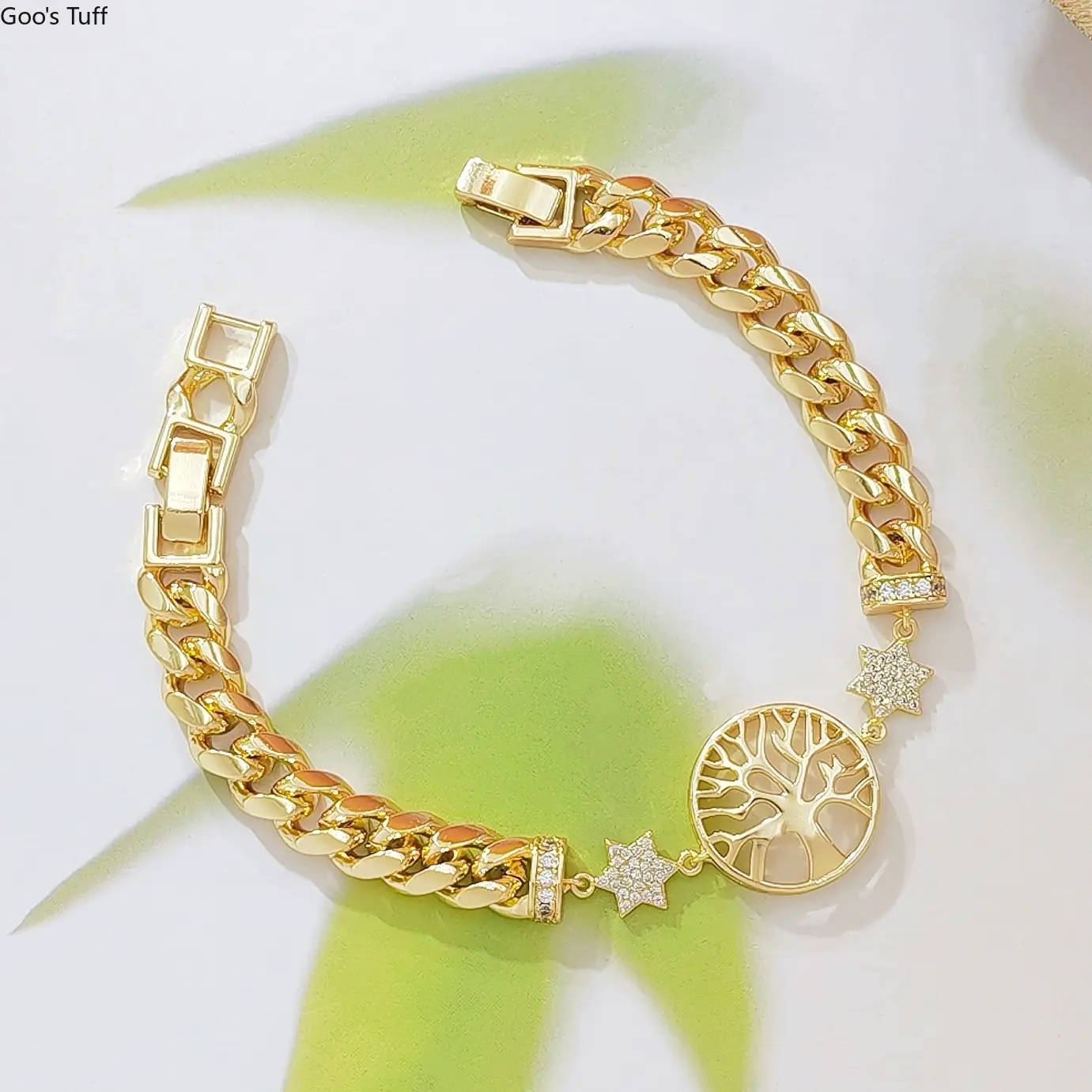Thick Cuban Link Ins‑Style Bracelet Copper 18K Gold‑Plated Lucky Tree & Star Rhinestone‑Inlaid Charm Bracelet for Daily Wear Party Gift Giving