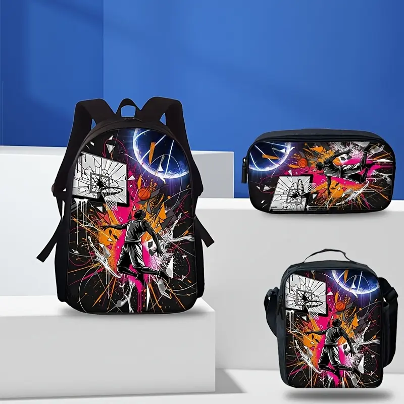 3-Piece Urban Sports Champion Backpack - Large capacity, quick-drying and durable fabric, neon basketball player print design, adjustable shoulder straps and zipper closure, suitable for daily commutes, travel bookbag