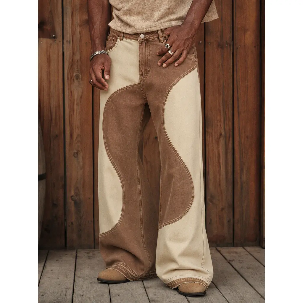 Retro Wave Spliced Flare Denim Trousers, Brown Beige Two Tone Wide Leg Jeans, American Vintage Cowboy Pants, Loose Bell Bottom Jeans for Y2K Western Fashion & Outdoor Styling