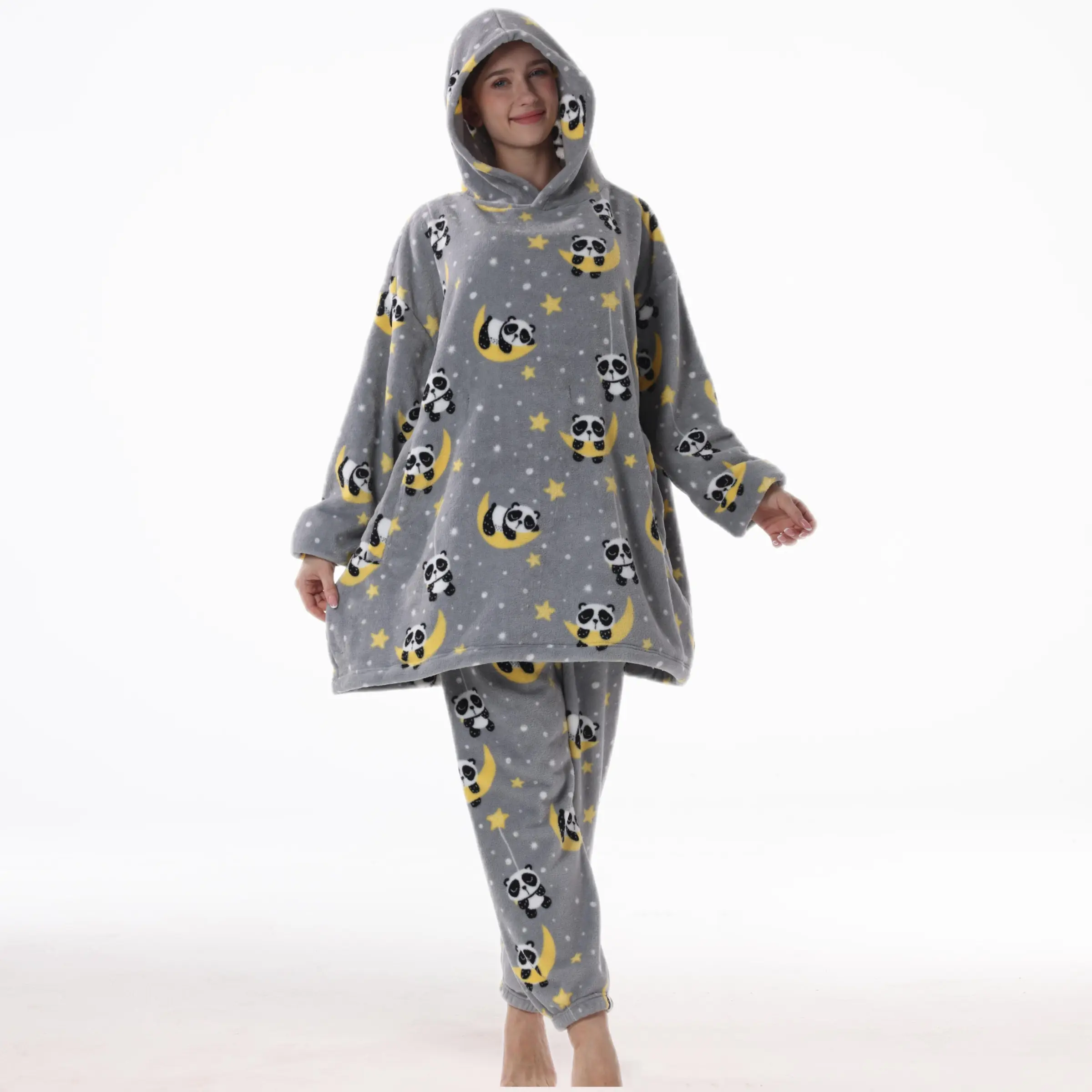 Panda Cartoon Full-Body Print Loungewear Set, Unisex Fall Winter Wearable Blanket, Animal Onesie Blanket, Thick, with Pockets and Large Hat, Essential Homewear
