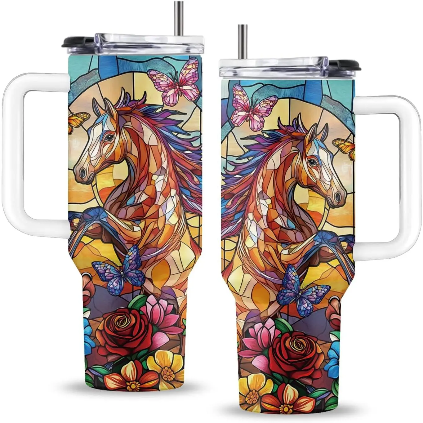 Horse 40oz Tumbler, with Handle Straw, Stainless Steel Sport Cup | 40oz Butterfly Insulated Tumbler, Travel Water Bottle, for Man Women Animal Lovers, Gift for Thanksgiving Christmas Birthday