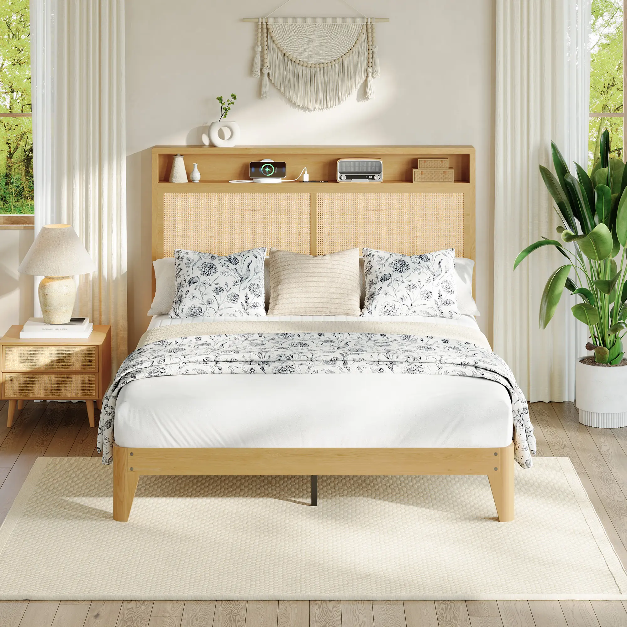 Gaomon Queen Rattan Wood Platform Bed Frame - Rectangular Boho Style with LED Lights, Charging Station, App-Controlled RGB, Headboard Shelves, No Box Spring Needed, Storage-Friendly