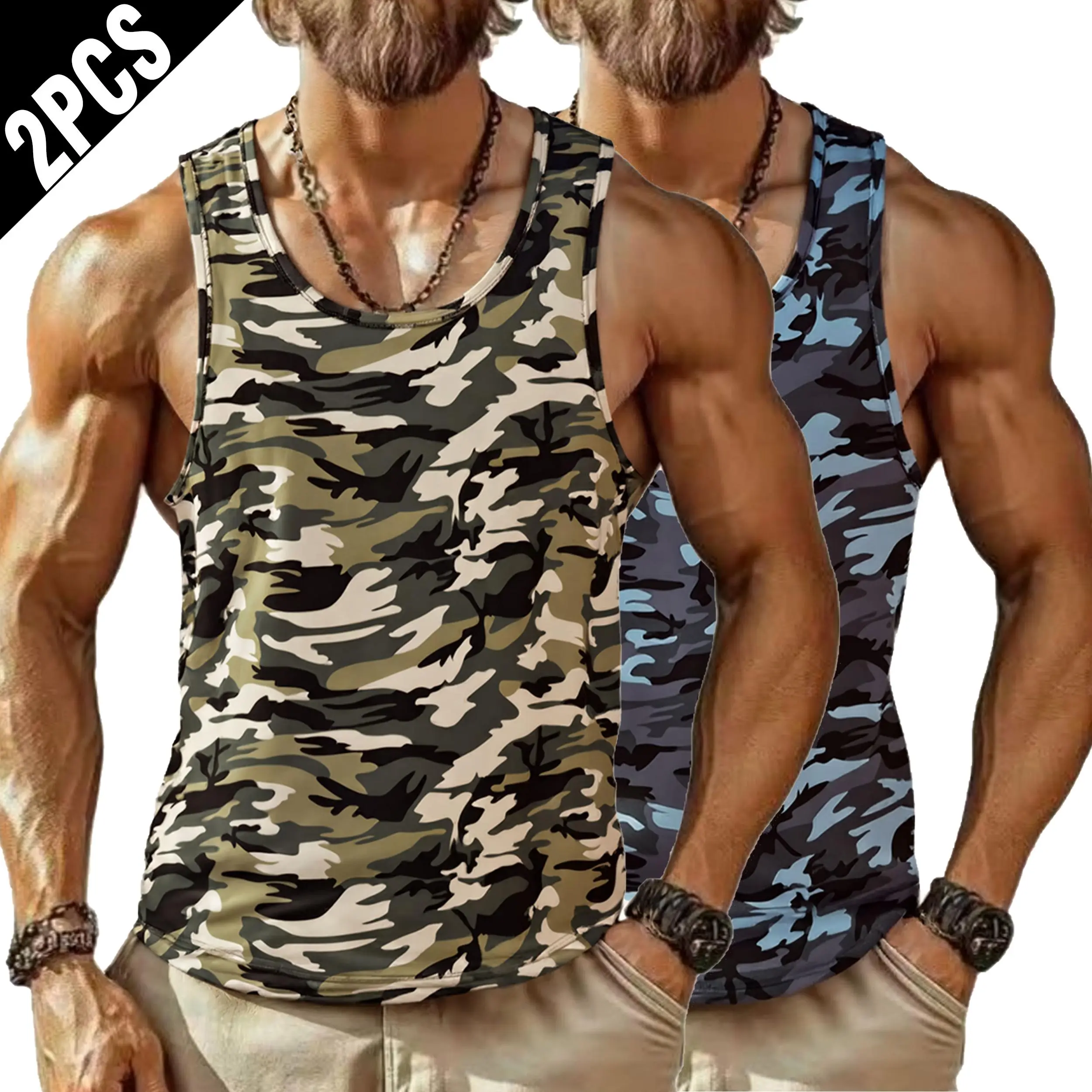 Men's Camouflage Colorblock Muscle Tank Top - Athletic Gym Wear, Round Crew Neck, Short Length, Breathable Quick-Dry Stretch Fabric, Multi-Size (2XL)