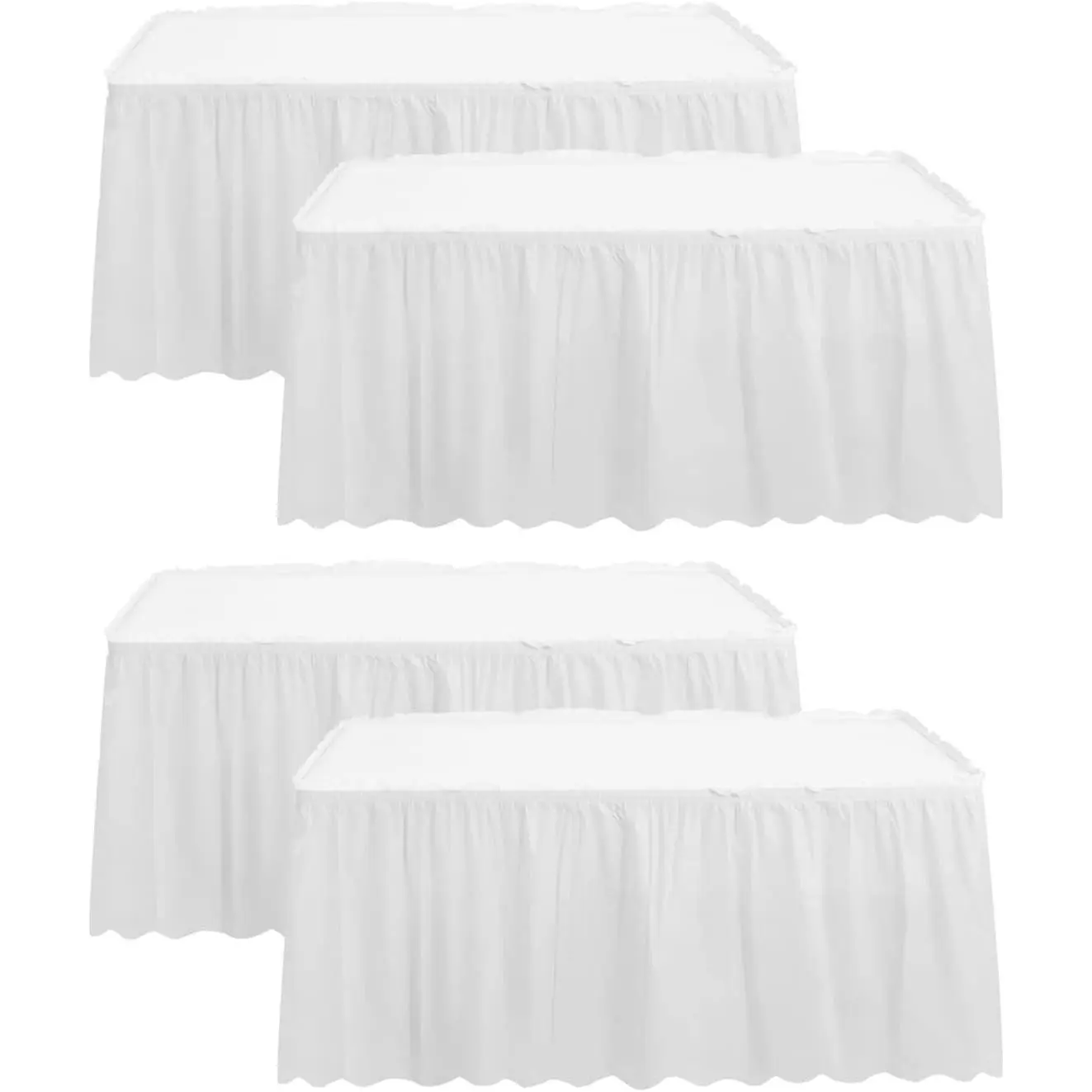 4 Pack 29in × 14ft Plastic Table Skirt, Disposable Reusable Stain Proof Table Cover for Rectangle and Round Tables, Ideal for Party Wedding Reception Birthday, White