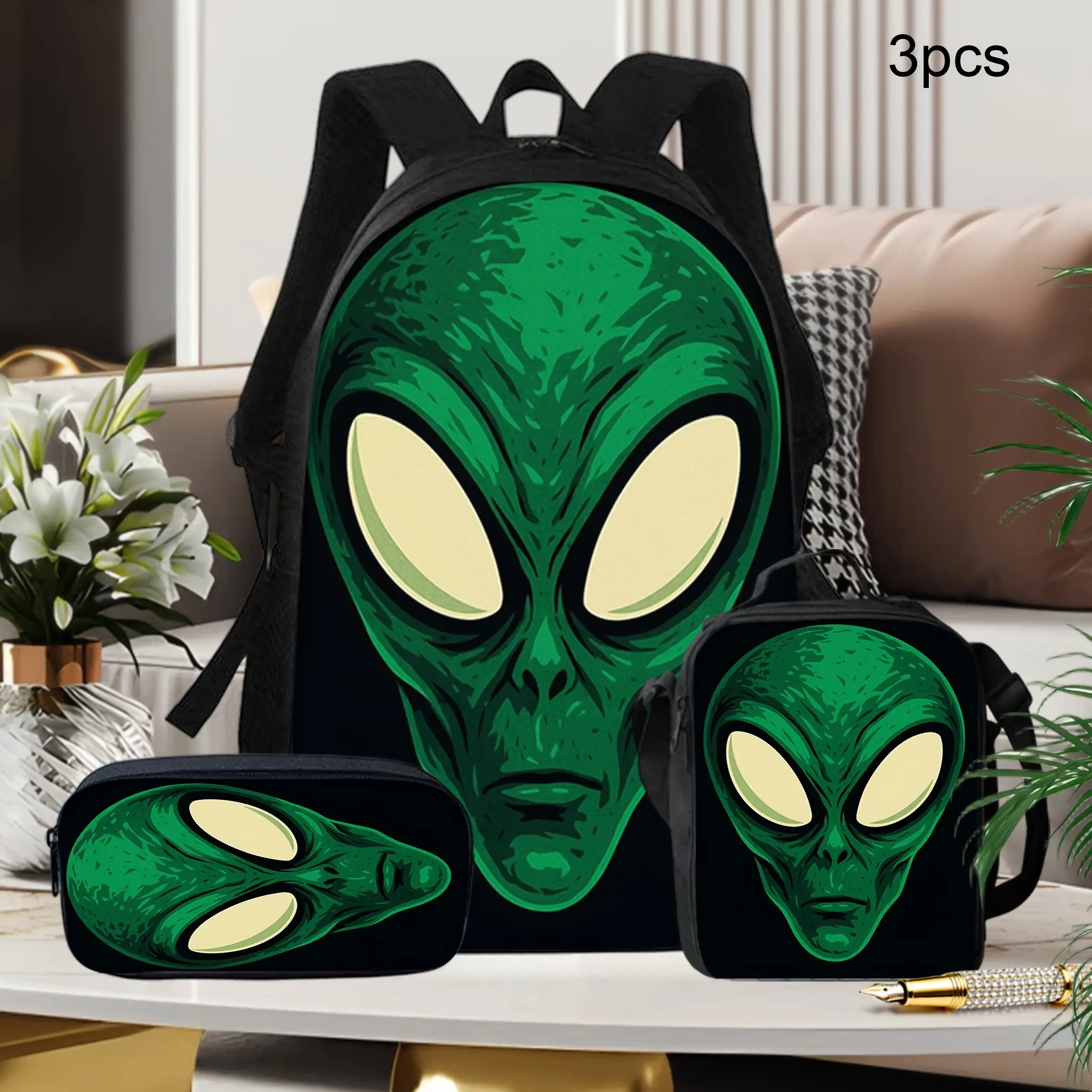 This Three-Piece Retro Alien-Themed Backpack Set Includes a Backpack, a Shoulder Bag, And a Pencil Case. It Features Adjustable Straps And a Zipper Design, Exuding a Vintage Sci-Fi Vibe, Making It a Great Choice for School, Travel bookbag