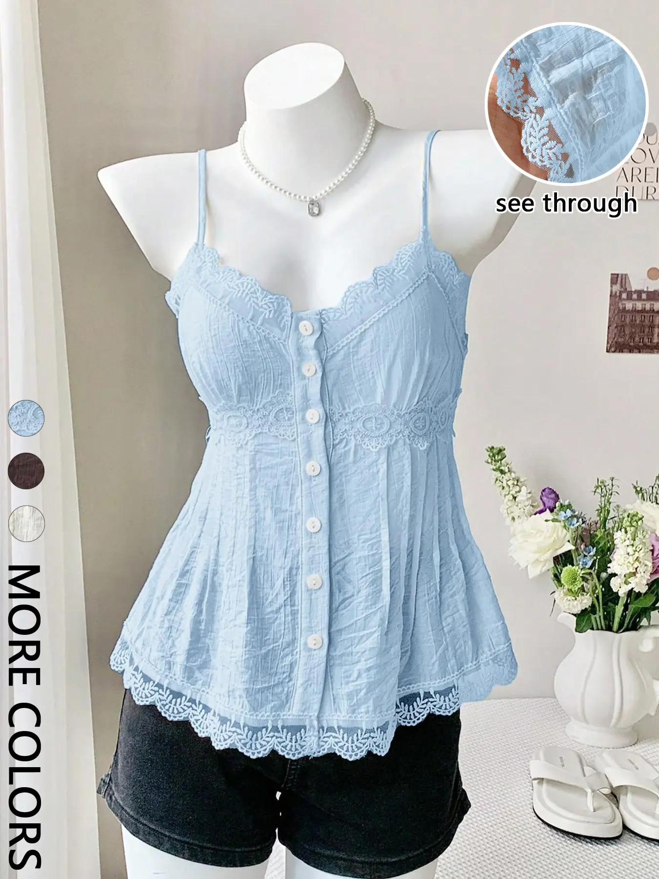 Women's Lace Trim Camisole, Spaghetti Straps V Neck Button Front Ruffled Hem Semi Sheer Silhouette Flowy Fit Trendy Chic Feminine Casual Style Tops Perfect for Layering Daily Wear
