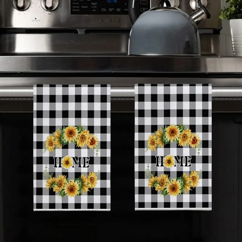 2-Pack Sunflower Kitchen Towels - Decorative Dish Towels, Fun Hand Towels, Absorbent Kitchen Cloths, Buffalo Plaid Tea Towels - Housewarming Gift, 16 x 24 Inches (Plaid, Yellow, Rustic Sunflower)