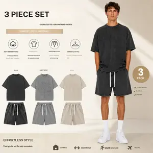 3 Pack Unisex 100% Cotton Oversized Washed Tee & Drawstring Shorts Set, Soft Breathable Fabric, Vintage Casual Loungewear, Adjustable Elastic Waist, Mix & Match Styles, Perfect for Men and Women, Lounging, Streetwear, Workout & Everyday Wear