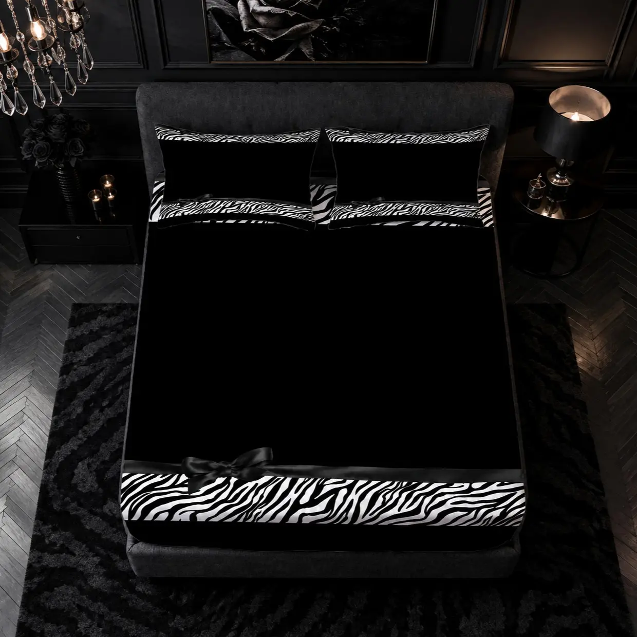 3‑Piece Zebra‑print Bow‑spliced Fitted Sheet Bedding Set, dark Y2K street‑aesthetic digital printing, pillow inserts not included, composed of 1 fitted sheet and 2 pillowcases, perfect soft furnishing for teen boys’ bedrooms, dorms and apartments