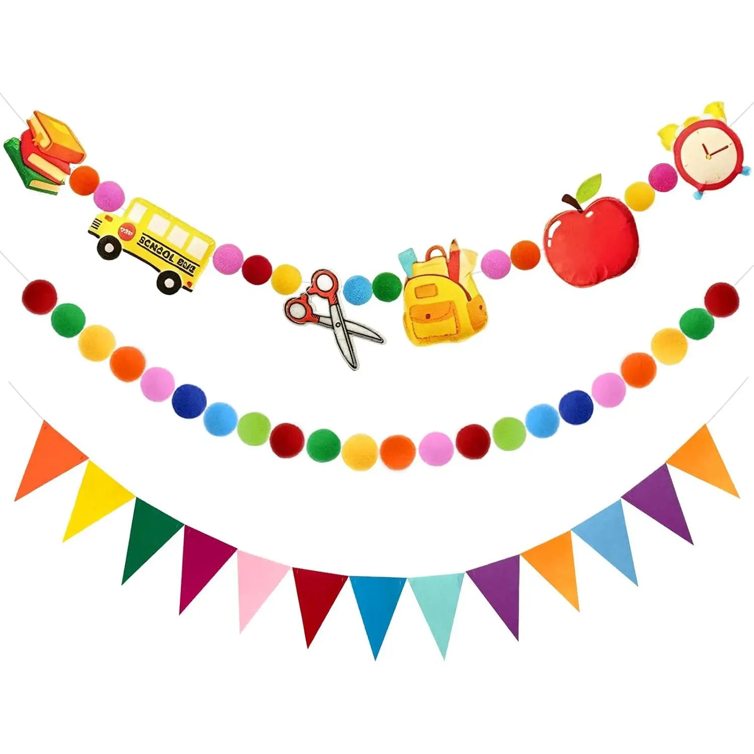 8.2Ft Felt Pompom Banner |   2 Felt Ball Strands & 1 Pennant, Welcome Back to School Garland for Classroom (colorful)