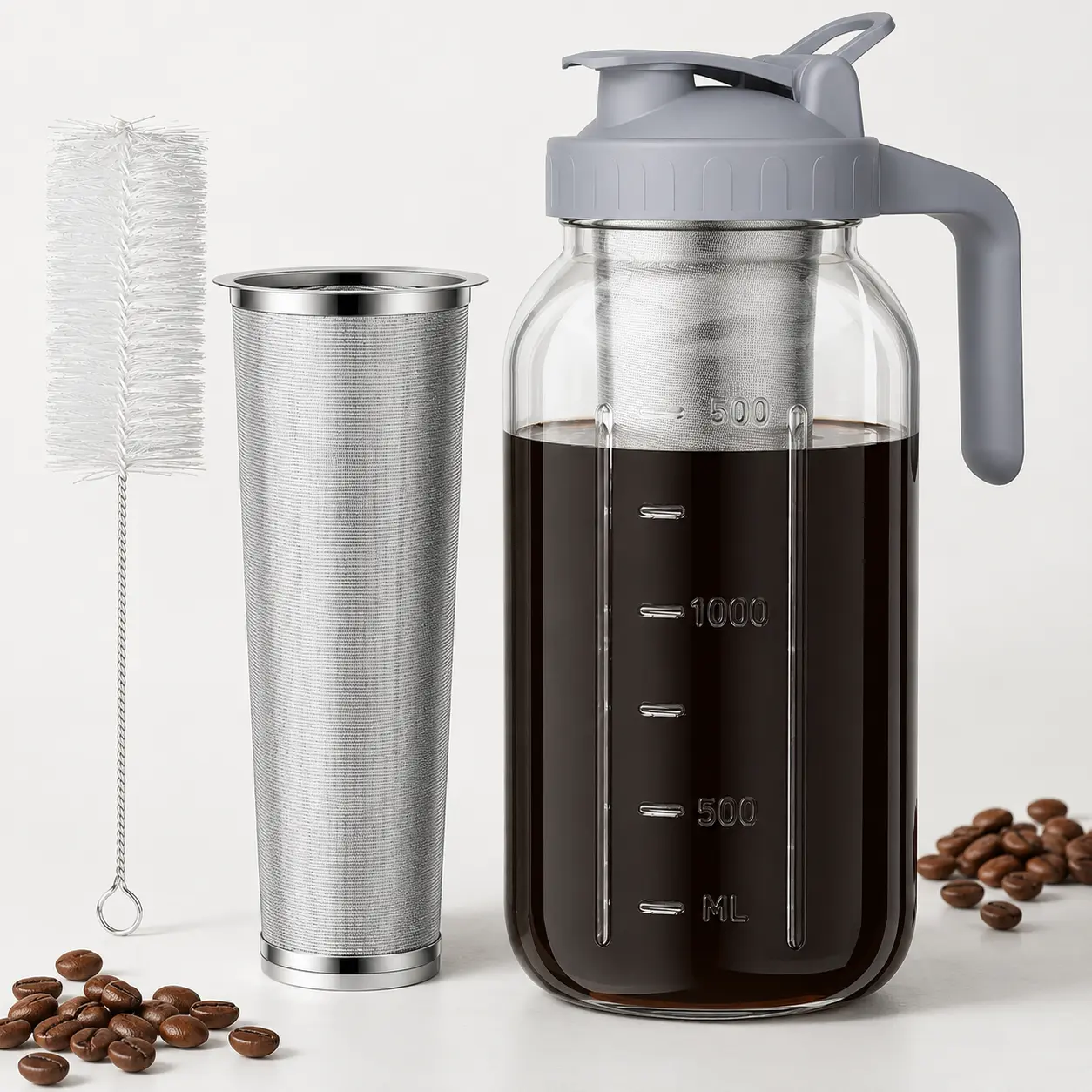 64oz Cold Brew Coffee Maker Jar with Stainless Steel Filter, Wide-Mouth Heavy-Duty Glass Mason Pitcher with Leakproof Spout Lid and Handle