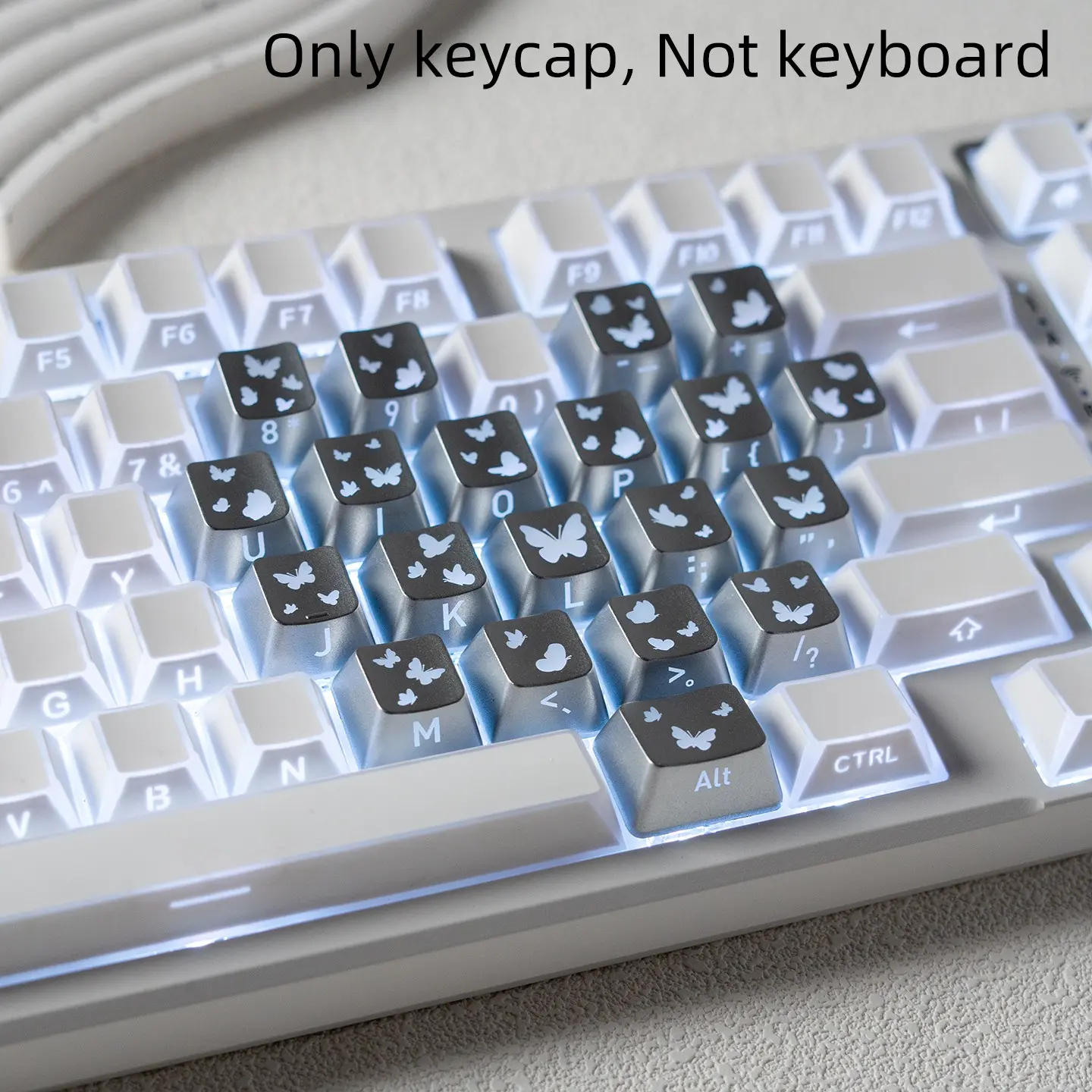 Butterfly heart-shaped keycaps, 21-key set, heart-shaped replacement keycaps, butterfly pattern, backlit butterfly design, side-engraved backlit characters
