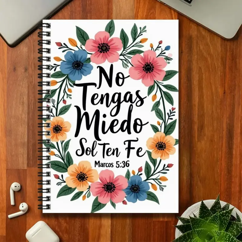A Spanish Bible verse spiral notebook with floral design, accompanied by the inspirational words "No Tengas Miedo Sol Ten Fe," is a great aid for work and study. It can be given as a graduation or birthday gift and is suitable for journaling, daily planni