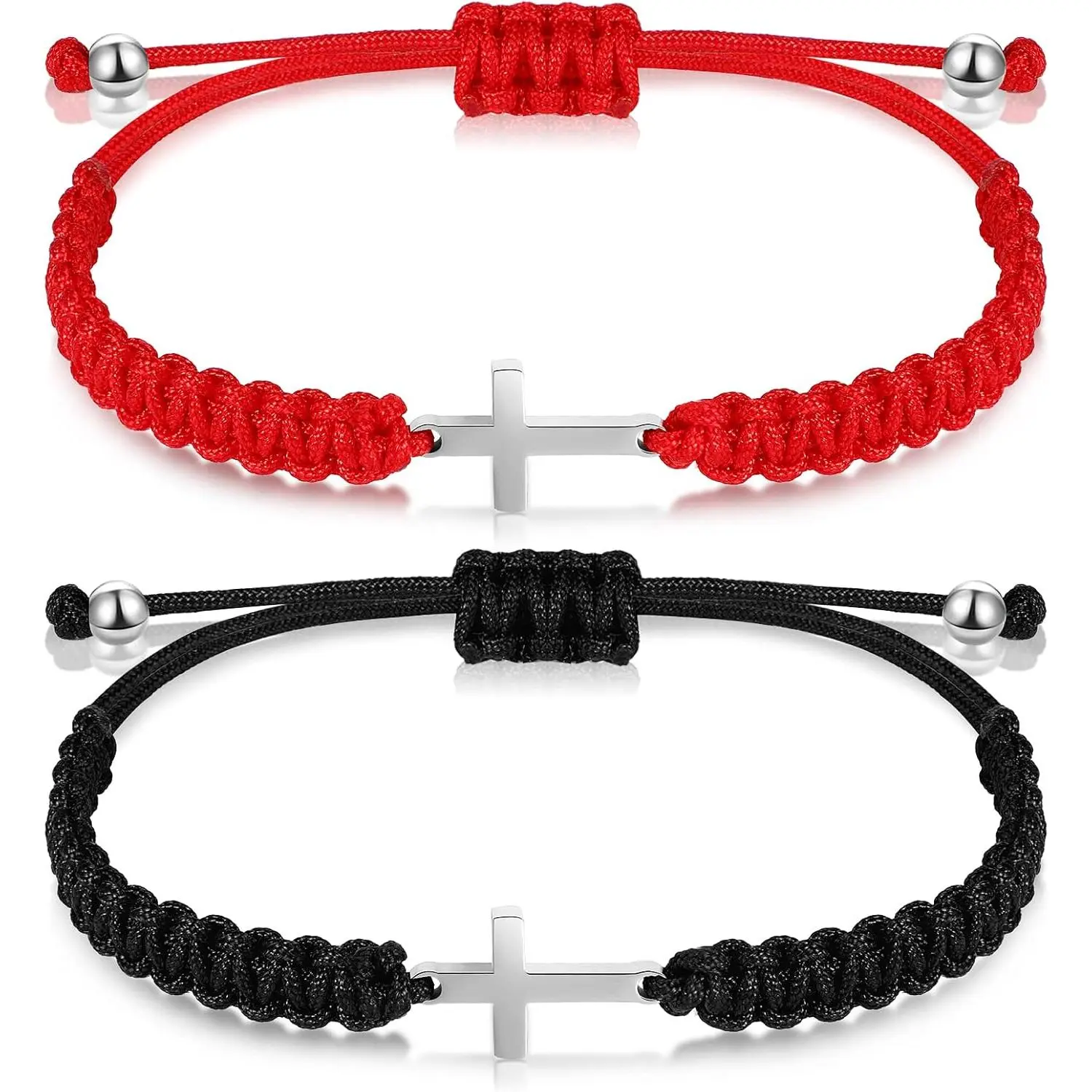 2 Count Friendship Cross Bracelet Black String Rope Braided Bracelet Cross Charm Adjustable Handmade Matching Couple Bracelets for Women Men Brother Kabbalah Strand Lucky BFF Bracelets