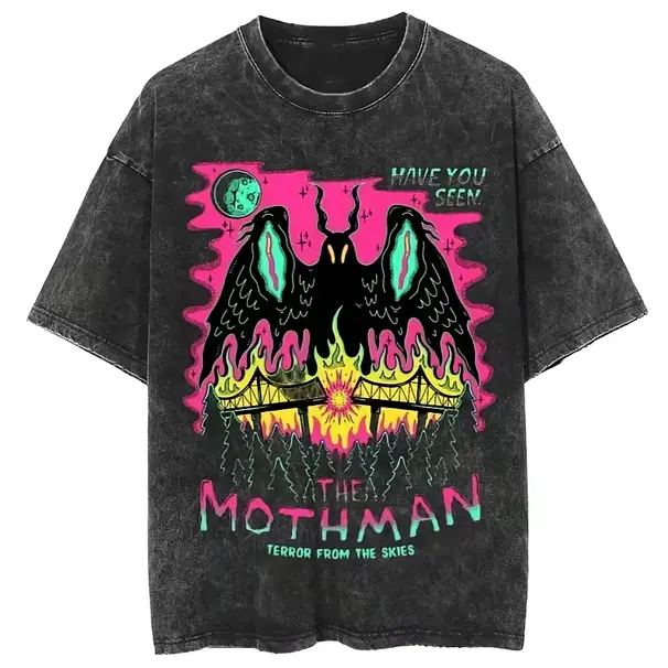 Have You Seen The Mothman Moon Bridge Forest Vintage Washed Black Cotton Oversized T-Shirt, Cryptid Weirdcore Urban Legend Casual Outfit, Best Gift For Cryptid Mothman Fan Streetwear Tee