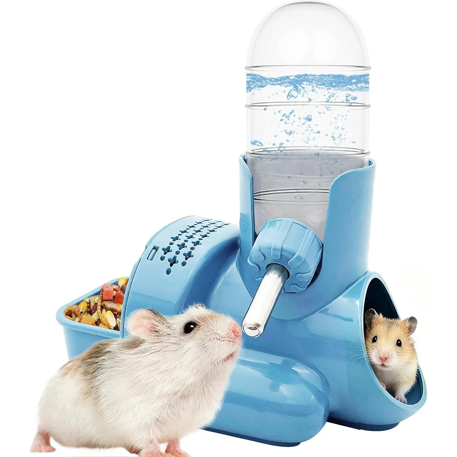 3-in-1 Hamster Water Bottle with  Bowl & Hideout Base, Blue | 3-in-1 feeding station combines water,  and hideout space to help keep hamster cages organized and easy to maintain.