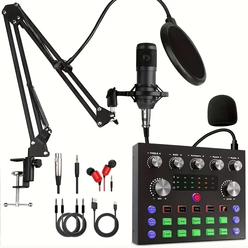 BM800 Podcast Kit with V8S Voice Changer, Audio Interface, Capacitor, Microphone Stand, Pop Filter, DJ Mixer, Suitable for Live Streaming Karaoke, Professional Tone-Adjusting Microphone Set