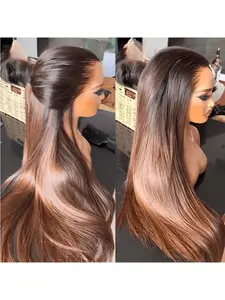 Ombre Brown Soft Long 30 Inch 180 Density Silky Straight  Front Lace Wig, Glueless Heat Resistant Synthetic Hair, Daily Wear Pre-plucked