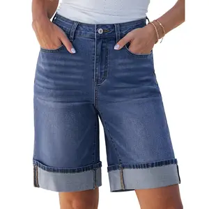 Women High Waisted Knee Length Cuffed Loose Stretchy Denim Bermuda Summer Jorts