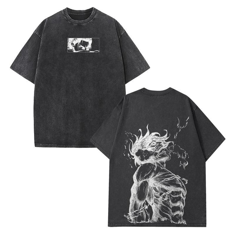 Eren Yeager Attack on Titan Graphic Tee – Shiffer Titan Double-Sided Oversized Anime Shirt, Acid-Washed Cotton Unisex Top, Trendy Streetwear Menswear for Casual, Party, Convention, and AOT Fans