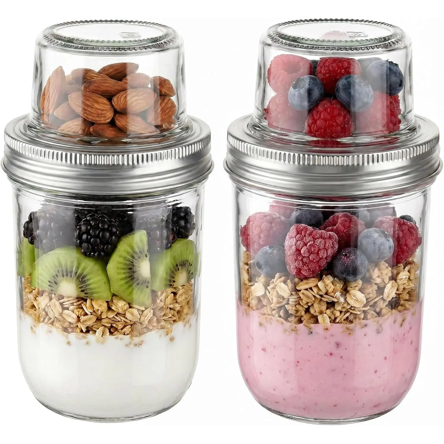 Cylindrical Glass Yogurt Cup with Fruit Compartment, 16OZ+4OZ Layered Breakfast Jar (2 Count) – Glass Canning Jar for Overnight Oats, Office & Travel Snack Meal Prep