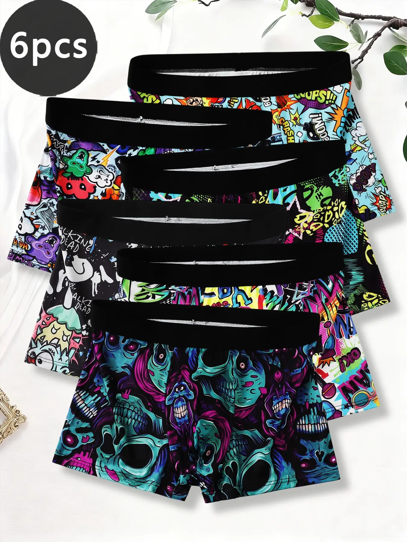Men's New Fun Graffiti Print Boxer Shorts 6 Pcs Set, 6 Designs, Comfortable Fitted, Fashion Casual Sporty, All Seasons, Underwear Men