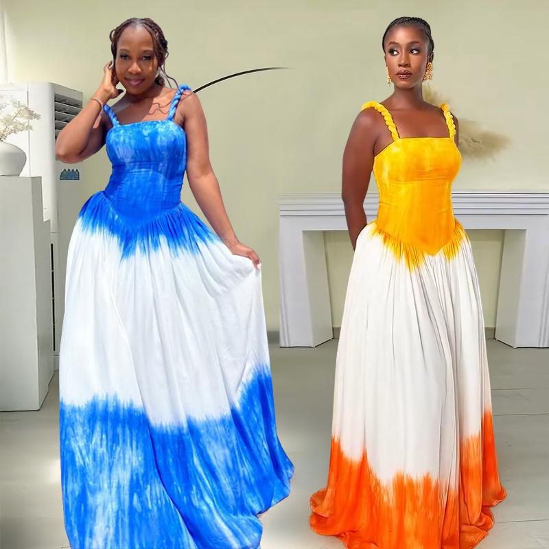 Women's Y2K Blue & White Tie-Dye Halter Neck Maxi Dress - A-Line Floor-Length Beach Dress with Back Tie Closure, Semi-Sheer Sleeveless Design for Vacation, Travel, Daily Outfits - All-Season Casual to Formal Events (Machine Washable) - Turq