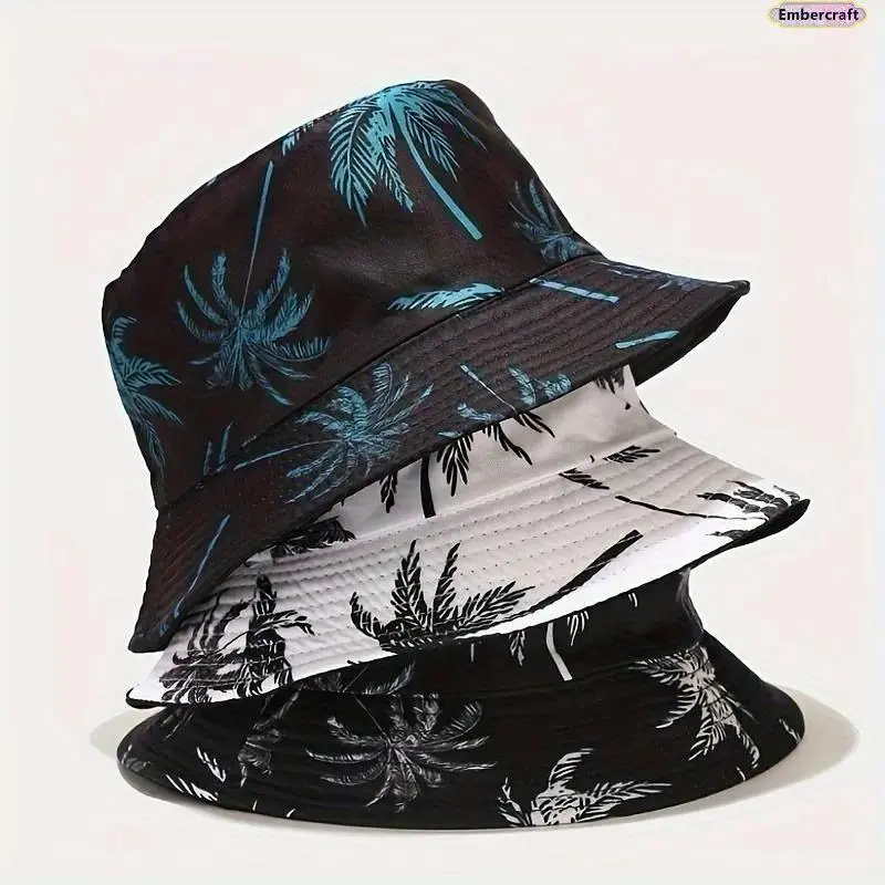Boho Coconut Print Bucket Hat - Unisex Lightweight, Breathable Cloth Sun Hat for Summer Beach Travel, Boho Style, Bucket Style, Casual Beachwear Accessory, Boho Style Hats, Bucket Style Hats,sohochic