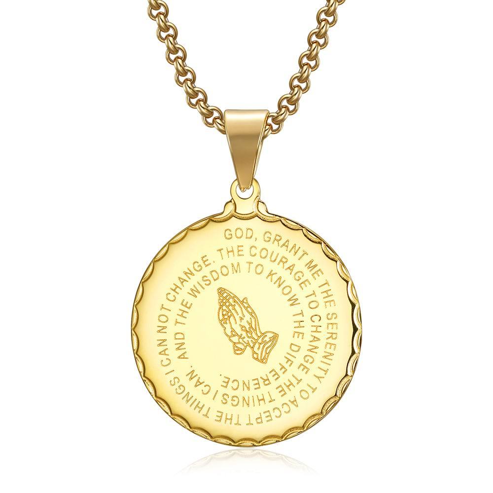 Retro Hip Hop Prayer Hand Pattern Round Pendant Stainless Steel Men's Necklace Jewelry