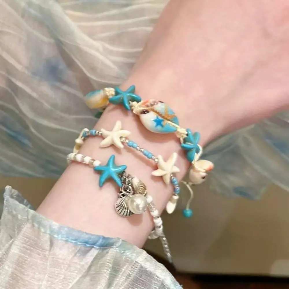 2026 New Arrival Blue Seashell & Starfish Beaded Bracelet, Dreamy Ocean Themed Stackable Wrist Jewelry, Lightweight Trendy Accessory For Women Summer Beach Vacation Daily Outfit Matching, Glossy Blue Seashell, Female, Long-Lasting Luster