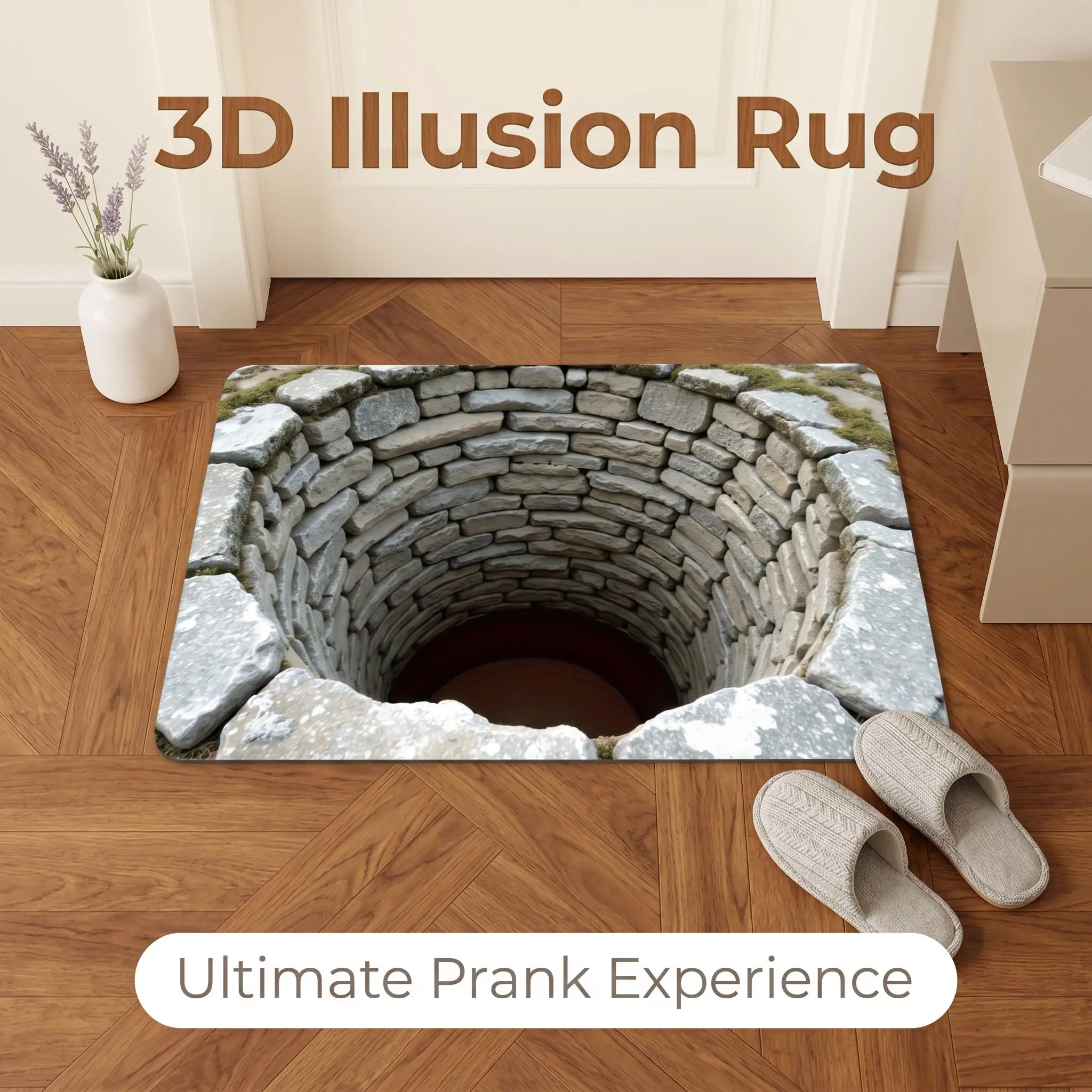 3D Illusion Hole-in-Stone Print Diatomaceous Earth Doormat, Non-Slip Absorbent Prank  for Indoor Entryway Floor Rug bold decor