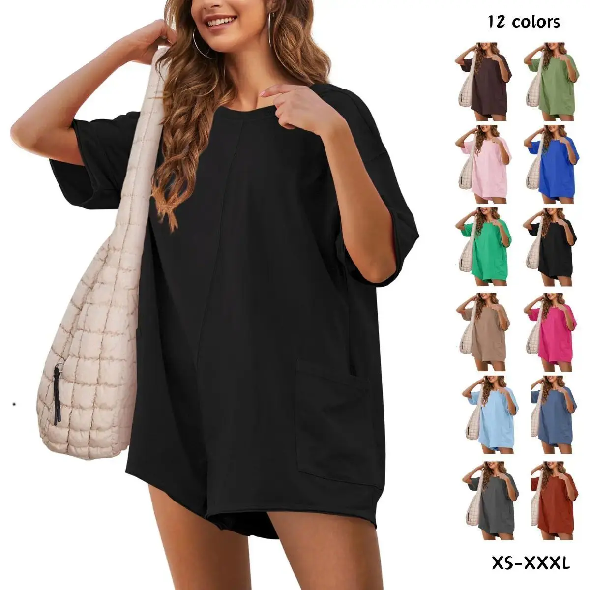 Women's Loose Casual Jumpsuit - Pullover, Shortsleeve, Minimalist Oversized Athletic Workout Reversible Hot Shot Tee Romper with Deep Pockets, Women's Clothes,summerwins,summeroutfits,vacationoutfits,beachoutfits