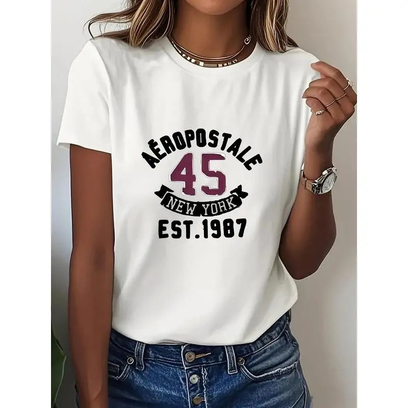 Neck Sleeve T-shirt for Women Spring Casual Women'S Clothing New Aeropostale Anniversary Printed Casual Round