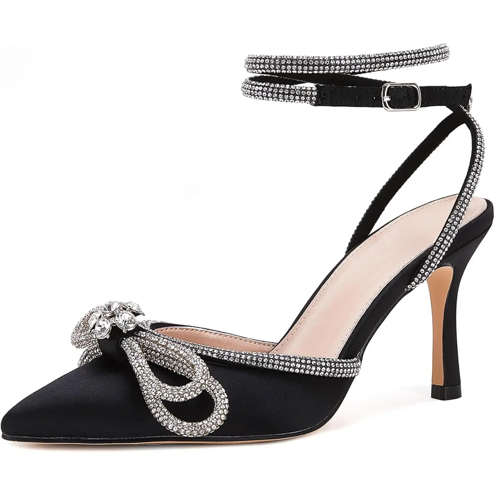 Coutgo Women's Double Bow Pointed Toe Ankle Strap Crystal Pumps Wedding Bridal Party Stilettos Backless Satin Heeled Sandals tiktokshopbacktoschool