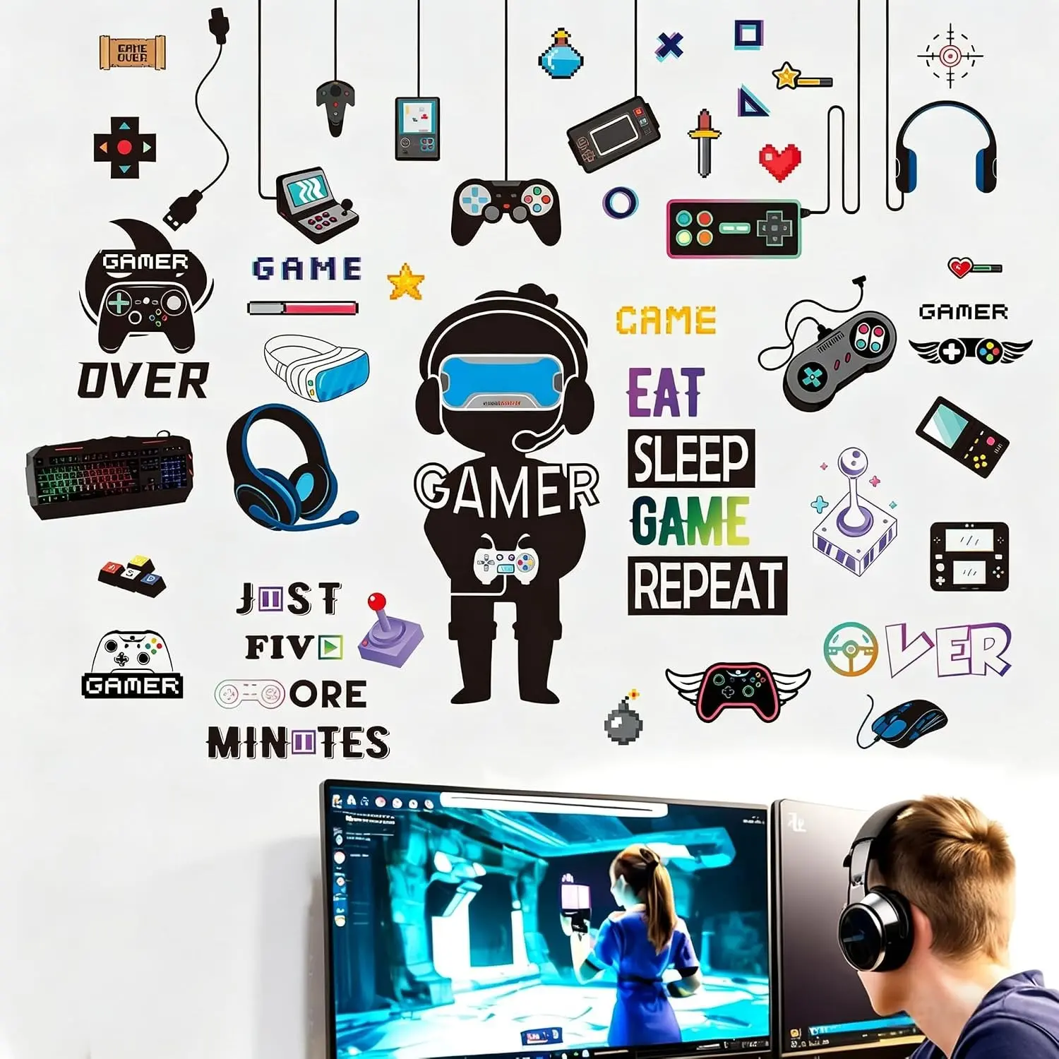 Gaming Wall Stickers for Boys Bedroom - 100% Kids Safe Certified, Peel and Stick, Removable Vinyl Wall Decals, No Residue(Gift)