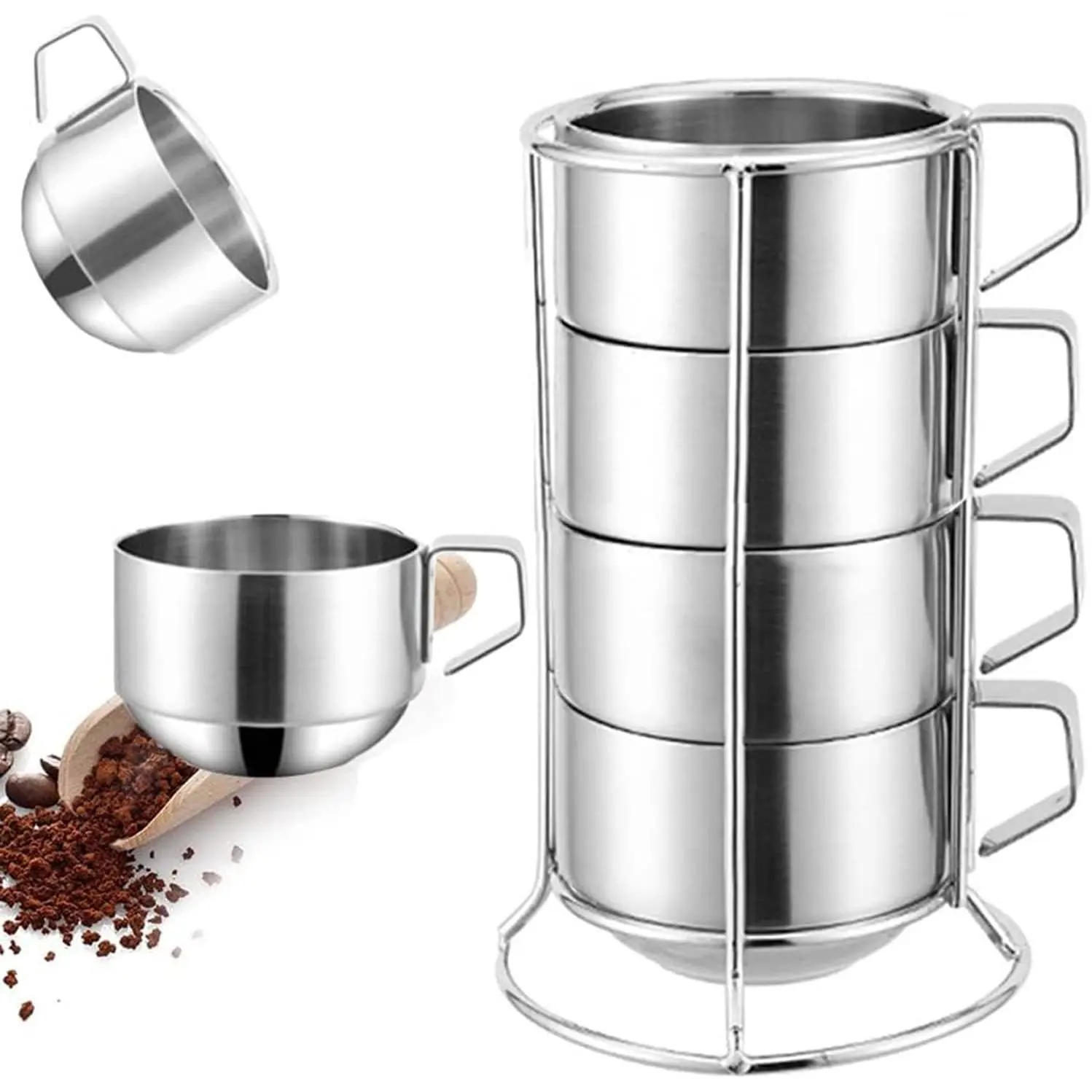 6.8 Oz Stainless Steel Insulated Double Wall Coffee Mugs Set of 4, Stackable Heat Insulation Cups with Stand Rack, for Cold/Hot Drinks, Ideal for Outdoor Events
