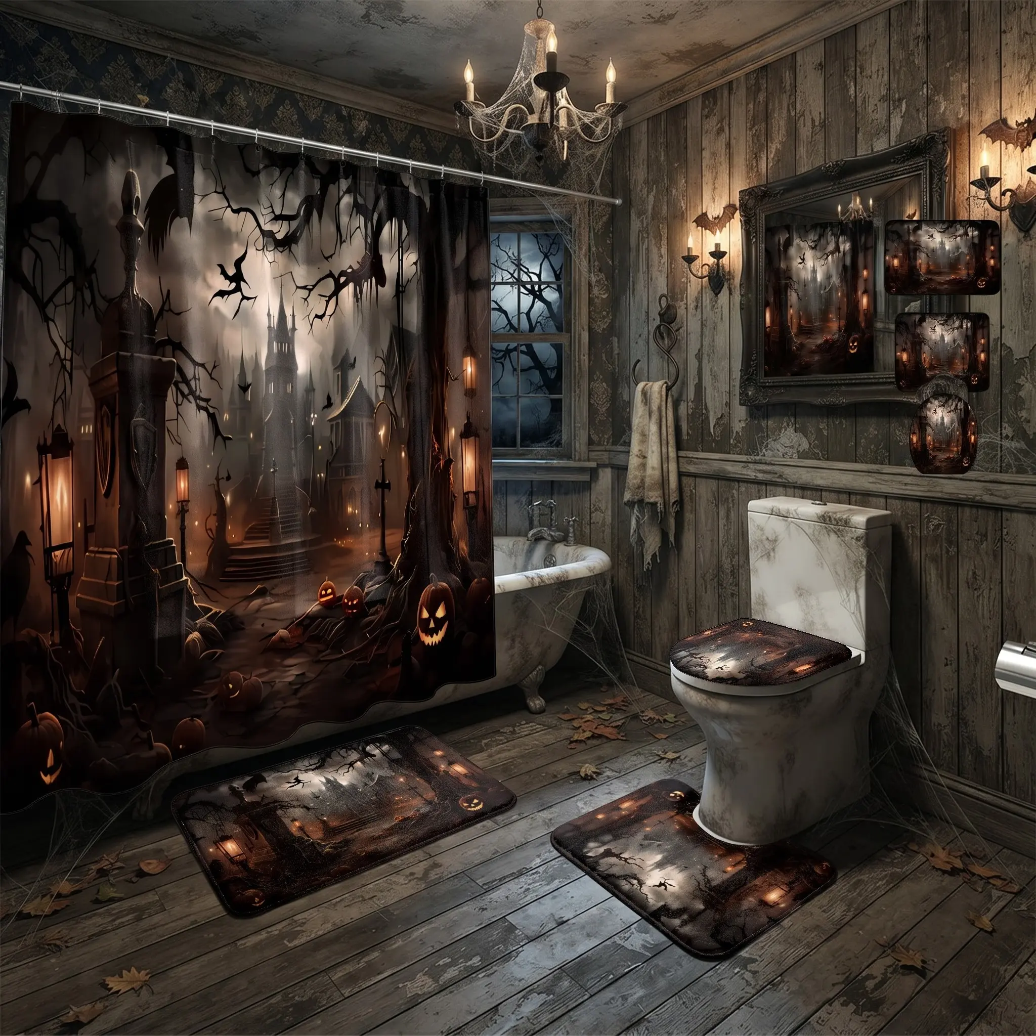 4pcs Gothic Horror Bath Set for Halloween, Mystical Cemetery Shower Curtain, Festive Pumpkin Lantern,The floor mat fabric is thicker and softer!  Haunted Decor for Holiday Bathroom